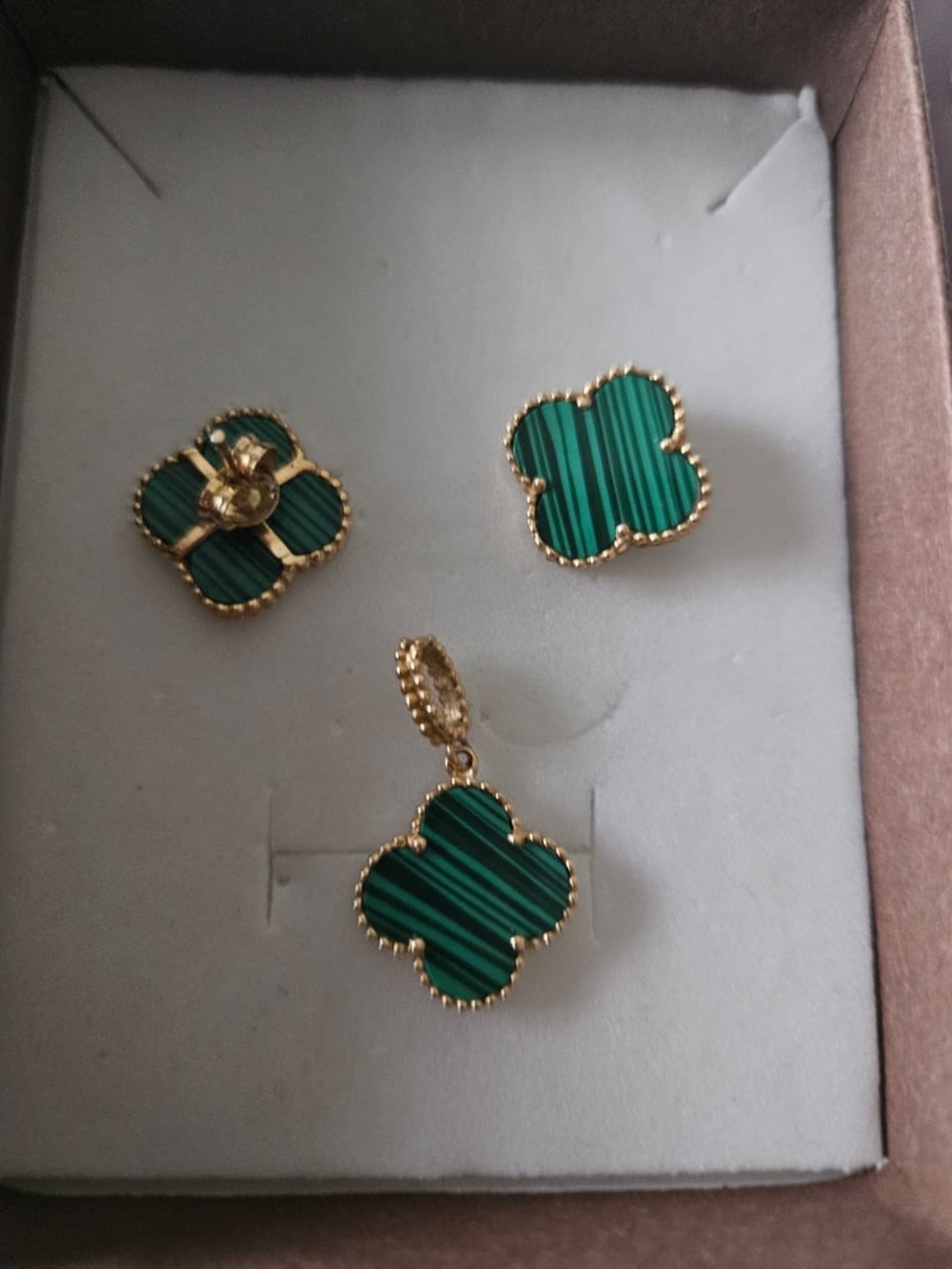 18k Gold-Trim Green Malachite Clover Earrings and Pendant Set